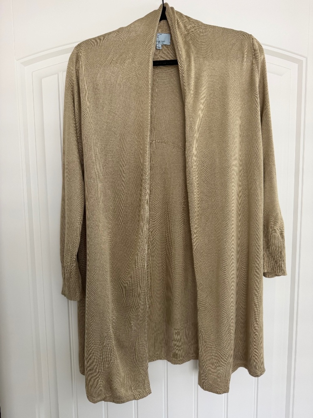 Joan Vass Taupe Rayon Open Front Longline Draped Cardigan